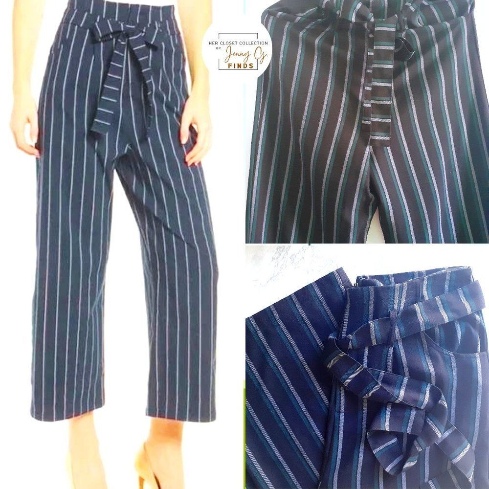 Leith Black Green Grey Striped High Waist Belted Crop Paper Bag Pants  S